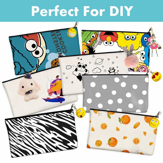 8er-Packung Taschen aus Baumwoll-Leinwand mit Reißverschluss; blanko; als Beutel oder Federmäppchen; für DIY-Heimarbeit, Make-up-/ Kosmetik-/Toilettenartikel; zur Aufbewahrung(Schwarz + Grau + Weiß)