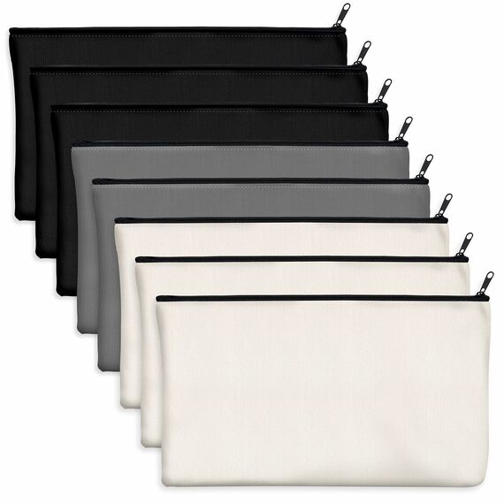 8er-Packung Taschen aus Baumwoll-Leinwand mit Reißverschluss; blanko; als Beutel oder Federmäppchen; für DIY-Heimarbeit, Make-up-/ Kosmetik-/Toilettenartikel; zur Aufbewahrung(Schwarz + Grau + Weiß)
