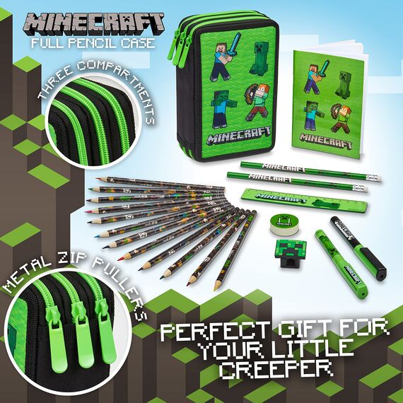 Minecraft Federmäppchen Jungen und Mädchen Mäppchen Gefüllt Creeper Federmappe mit Schreibwaren Gamer Geschenke für Kinder und Teenager (Grün Mob)