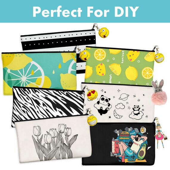 8er-Packung Taschen aus Baumwoll-Leinwand mit Reißverschluss; blanko; als Beutel oder Federmäppchen; für DIY-Heimarbeit, Make-up-/ Kosmetik-/Toilettenartikel; zur Aufbewahrung; (Beige & Schwarz);