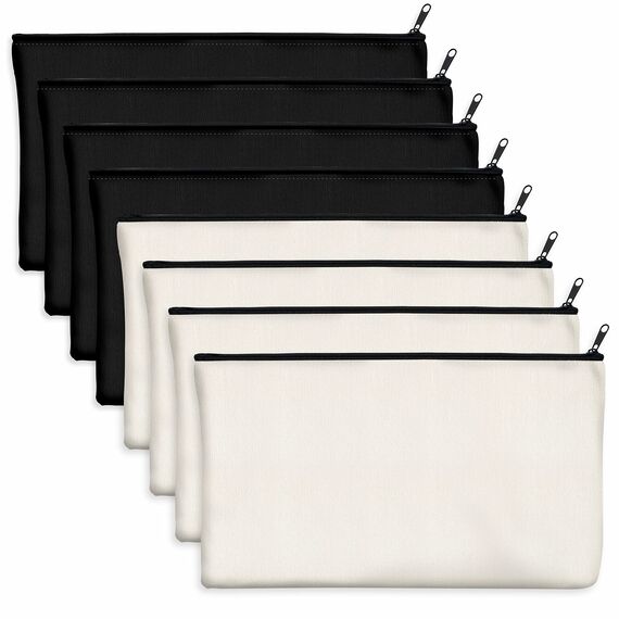 8er-Packung Taschen aus Baumwoll-Leinwand mit Reißverschluss; blanko; als Beutel oder Federmäppchen; für DIY-Heimarbeit, Make-up-/ Kosmetik-/Toilettenartikel; zur Aufbewahrung; (Beige & Schwarz);