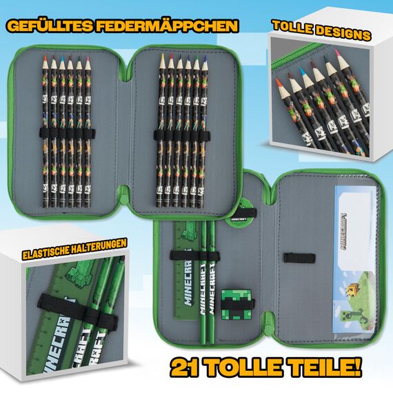 Minecraft Federmäppchen Jungen und Mädchen Mäppchen Gefüllt Creeper Federmappe mit Schreibwaren Gamer Geschenke für Kinder und Teenager (Grün Creeper)