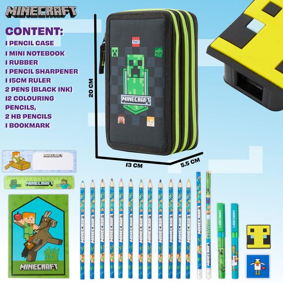 Minecraft Federmäppchen Jungen und Mädchen Mäppchen Gefüllt Creeper Federmappe mit Schreibwaren Gamer Geschenke für Kinder und Teenager (Schwarz AOP)