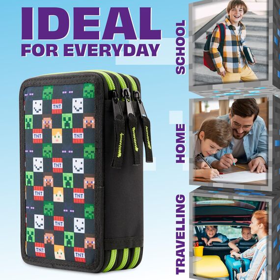 Minecraft Federmäppchen Jungen und Mädchen Mäppchen Gefüllt Creeper Federmappe mit Schreibwaren Gamer Geschenke für Kinder und Teenager (Schwarz AOP)