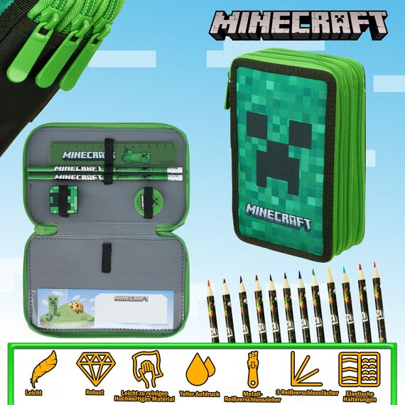 Minecraft Federmäppchen Jungen und Mädchen Mäppchen Gefüllt Creeper Federmappe mit Schreibwaren Gamer Geschenke für Kinder und Teenager (Grün Creeper)