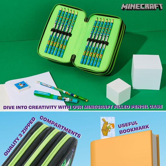 Minecraft Federmäppchen Jungen und Mädchen Mäppchen Gefüllt Creeper Federmappe mit Schreibwaren Gamer Geschenke für Kinder und Teenager (Schwarz AOP)