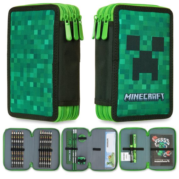 Minecraft Federmäppchen Jungen und Mädchen Mäppchen Gefüllt Creeper Federmappe mit Schreibwaren Gamer Geschenke für Kinder und Teenager (Grün Creeper)