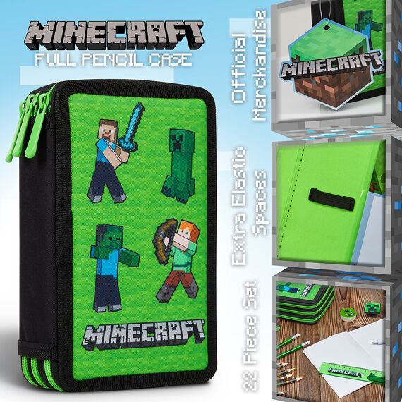 Minecraft Federmäppchen Jungen und Mädchen Mäppchen Gefüllt Creeper Federmappe mit Schreibwaren Gamer Geschenke für Kinder und Teenager (Grün Mob)