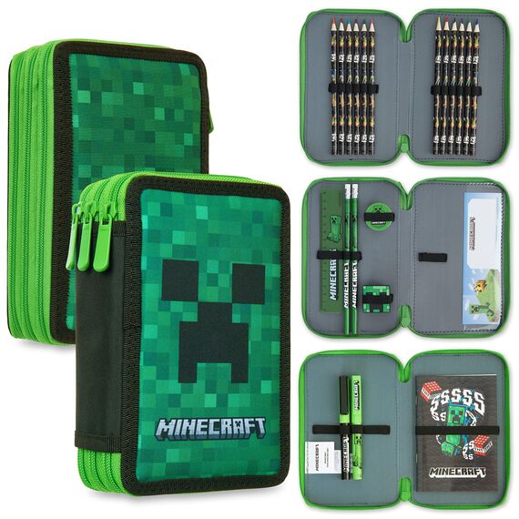 Minecraft Federmäppchen Jungen und Mädchen Mäppchen Gefüllt Creeper Federmappe mit Schreibwaren Gamer Geschenke für Kinder und Teenager (Grün Creeper)