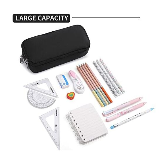 Della Gao Federmäppchen Männer Große Kapazität Beuteltasche 2 Fächer Mädchen für Frauen Reißverschluss Smoothy Stiftetui Stifthalter Duarable Schreibwaren Organizer Erwachsene Büro Geschenk - Schwarz