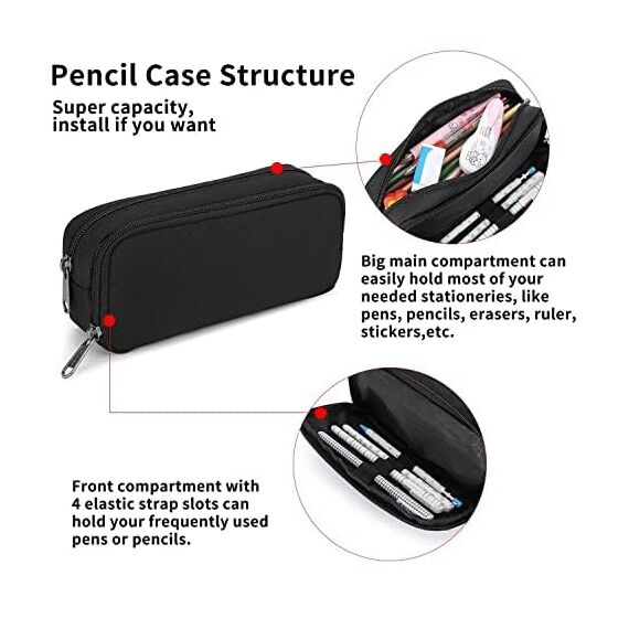 Della Gao Federmäppchen Männer Große Kapazität Beuteltasche 2 Fächer Mädchen für Frauen Reißverschluss Smoothy Stiftetui Stifthalter Duarable Schreibwaren Organizer Erwachsene Büro Geschenk - Schwarz