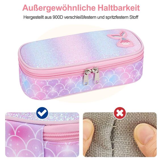Bagseri Federmäppchen Mädchen - Federmäppchen Groß für Kinder, Zipit Mäppchen Mädchen für Schule, 2 Fächer und Stifthalter innen (Rosa Meerjungfrau)