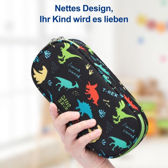 Bagseri Federmäppchen Jungen - Federmäppchen Groß für Kinder, Zipit Mäppchen Jungsn für Schule, 2 Fächer und Stifthalter innen (Schwarz Dinosaurier)
