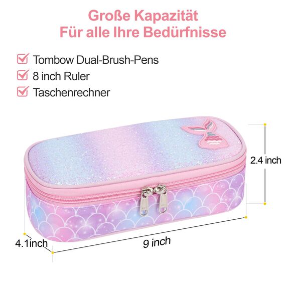Bagseri Federmäppchen Mädchen - Federmäppchen Groß für Kinder, Zipit Mäppchen Mädchen für Schule, 2 Fächer und Stifthalter innen (Rosa Meerjungfrau)