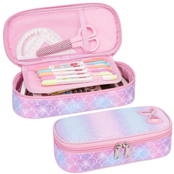 Bagseri Federmäppchen Mädchen - Federmäppchen Groß für Kinder, Zipit Mäppchen Mädchen für Schule, 2 Fächer und Stifthalter innen (Rosa Meerjungfrau)