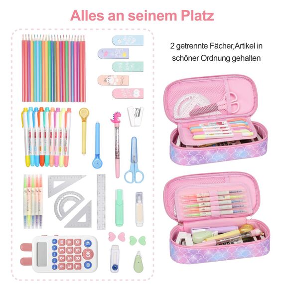 Bagseri Federmäppchen Mädchen - Federmäppchen Groß für Kinder, Zipit Mäppchen Mädchen für Schule, 2 Fächer und Stifthalter innen (Rosa Meerjungfrau)