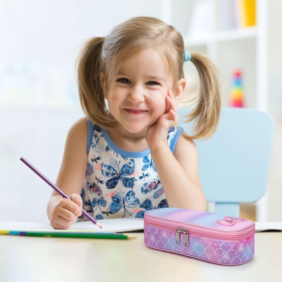 Bagseri Federmäppchen Mädchen - Federmäppchen Groß für Kinder, Zipit Mäppchen Mädchen für Schule, 2 Fächer und Stifthalter innen (Rosa Meerjungfrau)