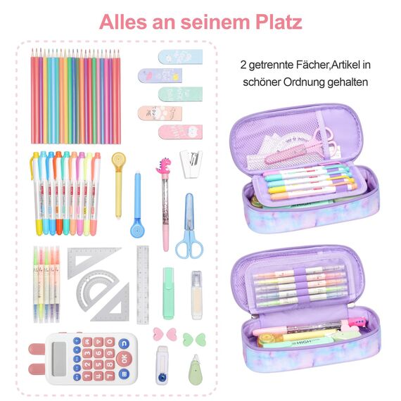 Bagseri Federmäppchen Mädchen - Federmäppchen Groß für Kinder, Zipit Mäppchen Mädchen für Schule, 2 Fächer und Stifthalter innen (Lila Batikmuster)