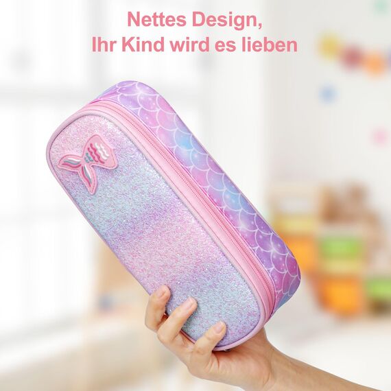 Bagseri Federmäppchen Mädchen - Federmäppchen Groß für Kinder, Zipit Mäppchen Mädchen für Schule, 2 Fächer und Stifthalter innen (Rosa Meerjungfrau)