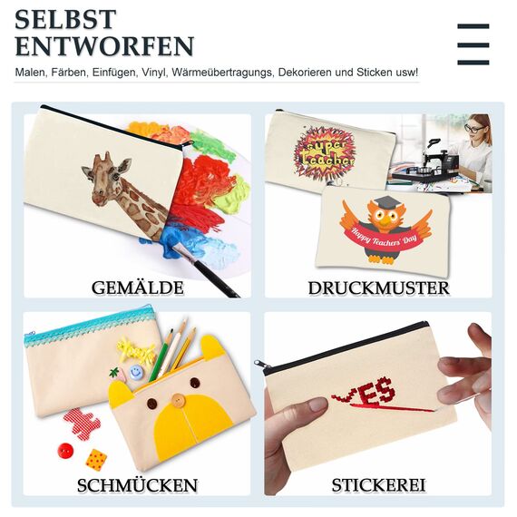 Aibeli DIY Blanko Stoffbeutel Klein, Tasche Klein, Kosmetiktasche mit Reißverschluss, Stoffbeutel zum Bemalen, Mäppchen, Federmäppchen, Stofftasche zum Bemalen