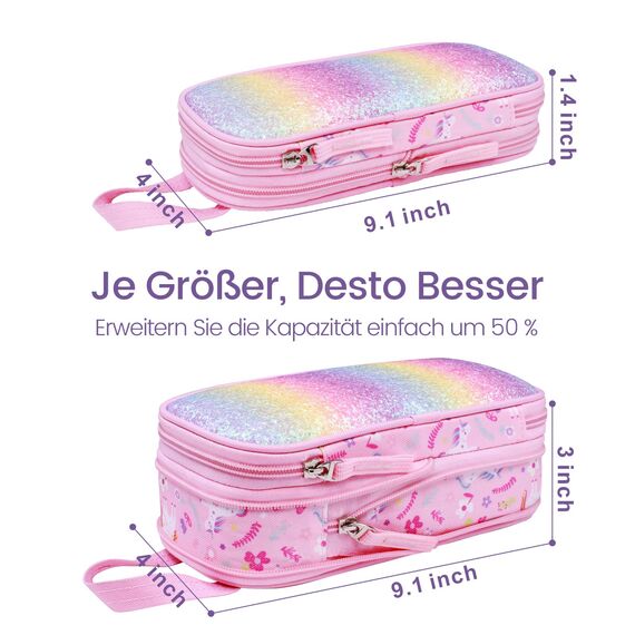 Bagseri Erweiterbar Federmäppchen Mädchen - Große Kapazität Mäppchen Mädchen für Schule, Niedlich Federmäppchen für Kinder, 2 Fächer und Stifthalter innen, Nur Federtasche (Rosa Einhorn)