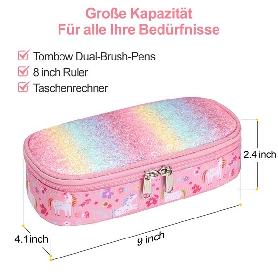 Bagseri Federmäppchen Mädchen - Federmäppchen Groß für Kinder, Zipit Mäppchen Mädchen für Schule, 2 Fächer und Stifthalter innen (Rosa Einhorn)