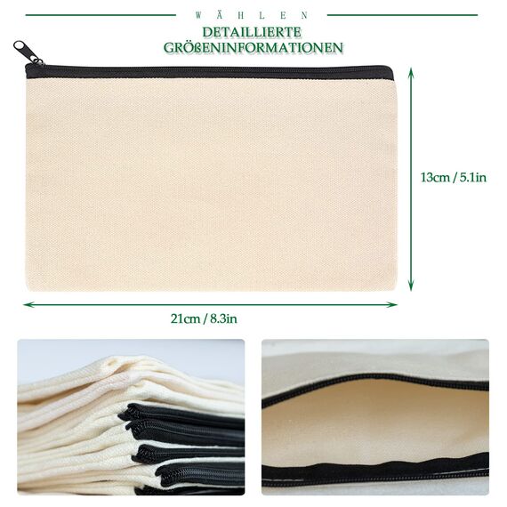 Aibeli DIY Blanko Stoffbeutel Klein, Tasche Klein, Kosmetiktasche mit Reißverschluss, Stoffbeutel zum Bemalen, Mäppchen, Federmäppchen, Stofftasche zum Bemalen