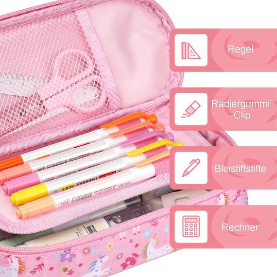 Bagseri Federmäppchen Mädchen - Federmäppchen Groß für Kinder, Zipit Mäppchen Mädchen für Schule, 2 Fächer und Stifthalter innen (Rosa Einhorn)