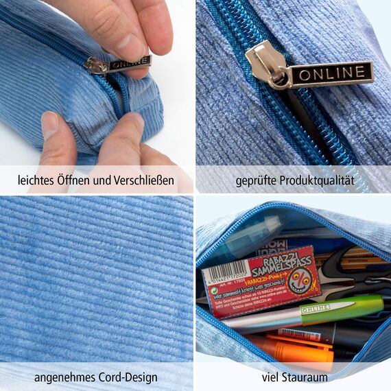 Online Premium-Schlampermäppchen/Pencil Case in Cord Blau I Stylisches Schlamperetui für Jungen & Mädchen I Federmäppchen mit praktischem Reißverschluss I 1 Fach I Ideal für Schule, Uni & Büro