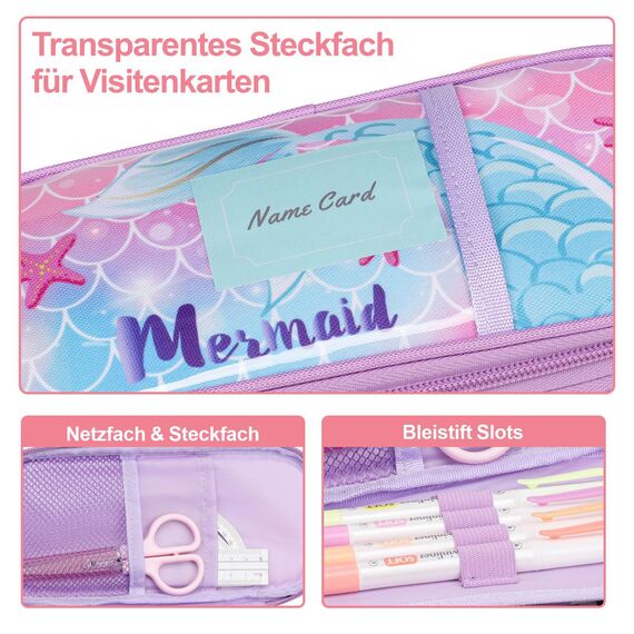 Bagseri Erweiterbar Federmäppchen Mädchen - Große Kapazität Mäppchen Mädchen für Schule, Niedlich Federmäppchen für Kinder, Nur Federtasche (Lila Traumhafte Meerjungfrau)