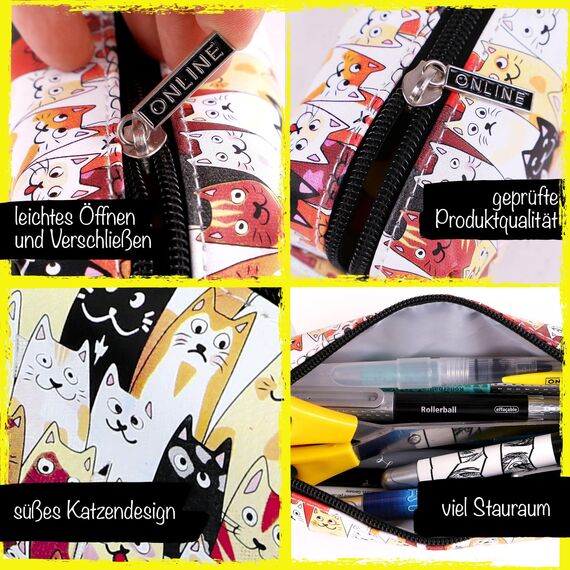 Online Federmäppchen Katzen I Stylische Federtasche für Mädchen & Jungen, ideal für Schule, Uni & Büro I Schlampermäppchen mit praktischem Reißverschluss zur Aufbewahrung von Stiften & Kosmetik