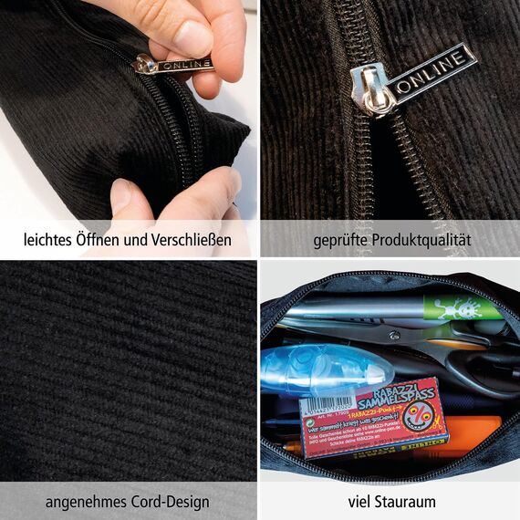 Online Premium-Schlampermäppchen/Pencil Case in Cord Schwarz I Stylisches Schlamperetui für Jungen & Mädchen I Federmäppchen mit praktischem Reißverschluss I 1 Fach I Ideal für Schule, Uni & Büro