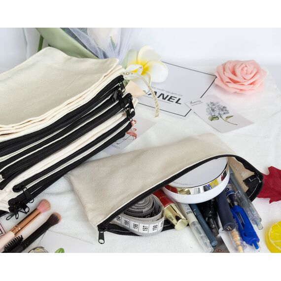 Aibeli DIY Blanko Stoffbeutel Klein, Tasche Klein, Kosmetiktasche mit Reißverschluss, Stoffbeutel zum Bemalen, Mäppchen, Federmäppchen, Stofftasche zum Bemalen