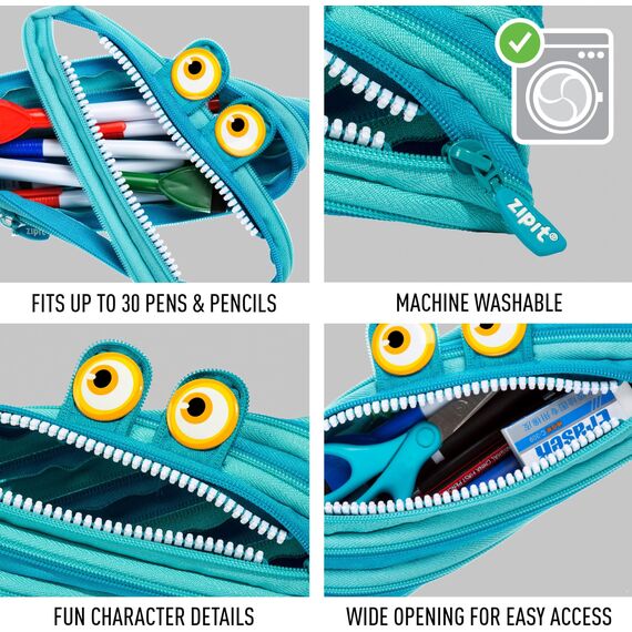 ZIPIT Wildlings Federmäppchen für Jungen, Großes Mäppchen für die Schule, Monster Etui für Kinder, Federmappe Blau