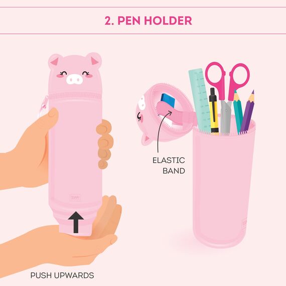 Legami - 2-in-1-Federmäppchen aus weichem Silikon, Kawaii, 6,3 x 18,5 cm, Piggy-Thema, Federmäppchen und Stifthalter, einziehbare Kapazität, Reißverschluss