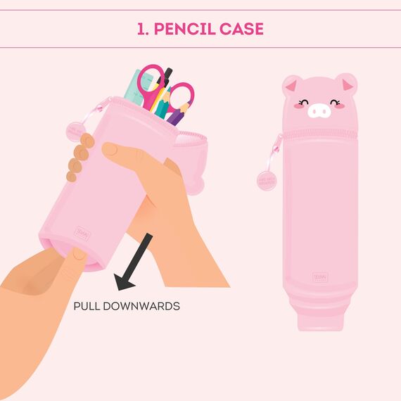 Legami - 2-in-1-Federmäppchen aus weichem Silikon, Kawaii, 6,3 x 18,5 cm, Piggy-Thema, Federmäppchen und Stifthalter, einziehbare Kapazität, Reißverschluss