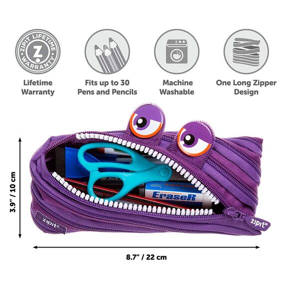 ZIPIT Wildlings Federmäppchen für Mädchen, Großes Mäppchen für die Schule, Monster Etui für Kinder, Federmappe Lila