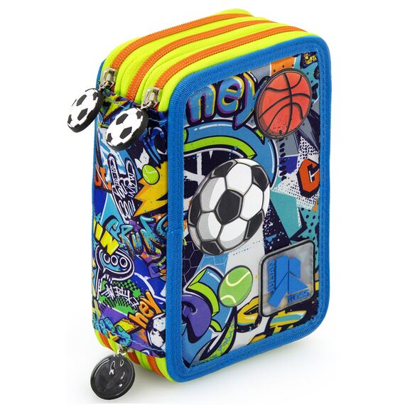 Jungen 3-Fach Federmäppchen – 45-teilig, komplett gefüllt – mit 2 löschbaren Gelstiften, Schere, Kleber, Buntstiften – Sport Design mit Fußball & Basketball – ideal für Schule & als Geschenk