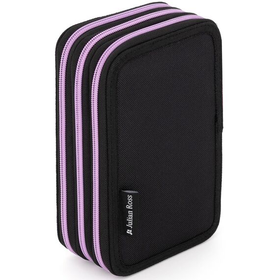 Julian Ross Stylische Mädchen 3-Fach Federmäppchen – 45-teilig, komplett gefüllt – mit 2 löschbaren Gelstiften, Schere, Kleber, Buntstiften – Schwarz und Violett – ideal für Schule & als Geschenk
