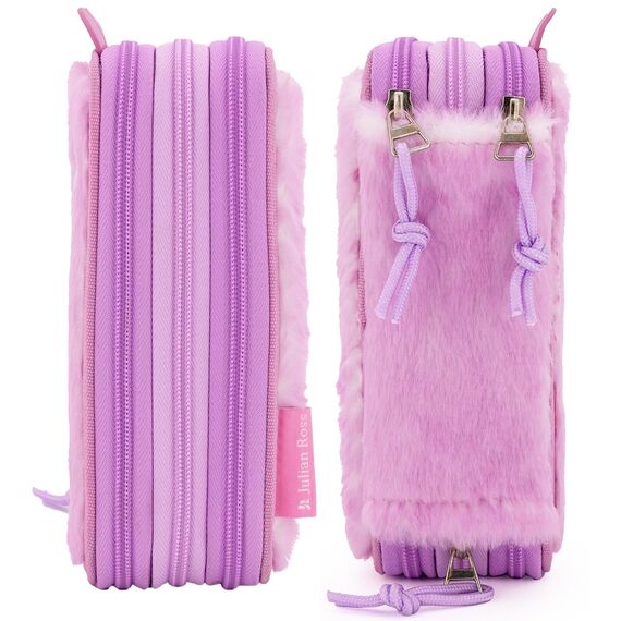 3-Fach Federmäppchen für Mädchen – 45-teilig mit radierbaren Gelstiften – Julian Ross Flauschiges Mäppchen in Rosa mit Bärenmotiv – Wie EIN Plüschtier – Ideal für Schule & Geschenk