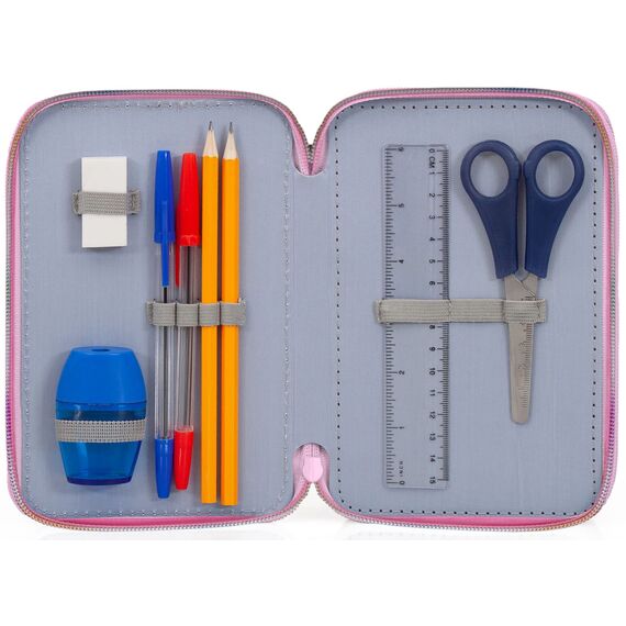 Julian Ross Mädchen 3-Fach Federmäppchen für Encanto-Fans – 44-teilig, komplett gefüllt – mit Schere, Lineal, Buntstiften – Rosa & Lila – Ideal für Schule & als Geschenk