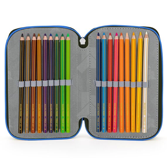 Julian Ross Stylische Kinder Federmäppchen 3-Fach gefüllt, 45-TLG., Schwarz und Blau, Radierbare Gelstifte, Filzstifte, Buntstifte, Schere, Kleber, Mit Reißverschlussfächern, Junge und Mädchen