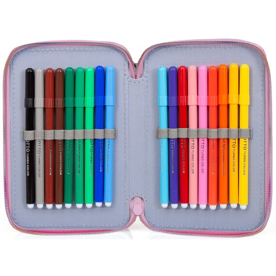 Julian Ross Mädchen 3-Fach Federmäppchen für Encanto-Fans – 44-teilig, komplett gefüllt – mit Schere, Lineal, Buntstiften – Rosa & Lila – Ideal für Schule & als Geschenk