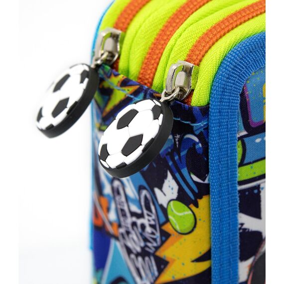 Jungen 3-Fach Federmäppchen – 45-teilig, komplett gefüllt – mit 2 löschbaren Gelstiften, Schere, Kleber, Buntstiften – Sport Design mit Fußball & Basketball – ideal für Schule & als Geschenk