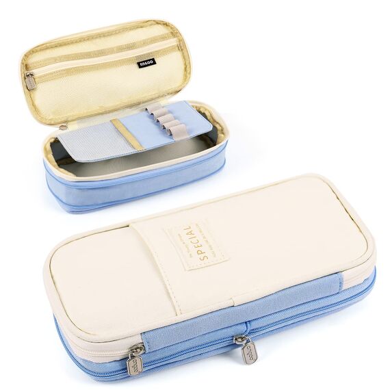 MAMUNU Mäppchen Mädchen Teenager, Federmäppchen Groß Kapazität, Schlamppermäppchen, Federtasche Mädchen, Pencil Case Aesthetic, Mäppchen Reißverschluss für Schule & Büro (Blue Beige)