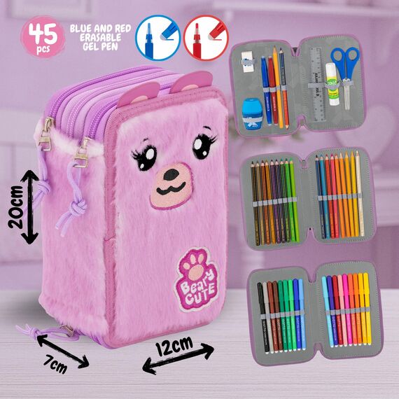 3-Fach Federmäppchen für Mädchen – 45-teilig mit radierbaren Gelstiften – Julian Ross Flauschiges Mäppchen in Rosa mit Bärenmotiv – Wie EIN Plüschtier – Ideal für Schule & Geschenk