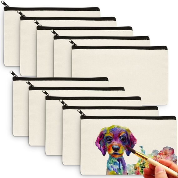 Aibeli DIY Blanko Stoffbeutel Klein, Tasche Klein, Kosmetiktasche mit Reißverschluss, Stoffbeutel zum Bemalen, Mäppchen, Federmäppchen, Stofftasche zum Bemalen