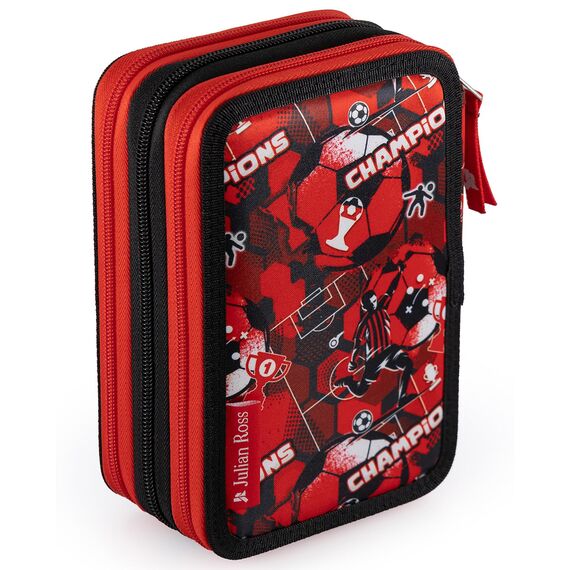 Julian Ross 3-Fach Federmäppchen für Jungen – 45-teilig, komplett gefüllt – mit 2 löschbaren Gelstiften, Schere, Kleber, Buntstiften – Fußball-Design Rot Schwarz – ideal für Schule & als Geschenk