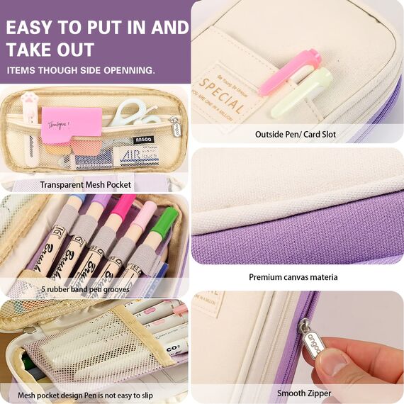MAMUNU Mäppchen Mädchen Teenager, Federmäppchen Groß Kapazität, Schlamppermäppchen, Federtasche Mädchen, Pencil Case Aesthetic, Mäppchen Reißverschluss für Schule & Büro (Purple Beige)