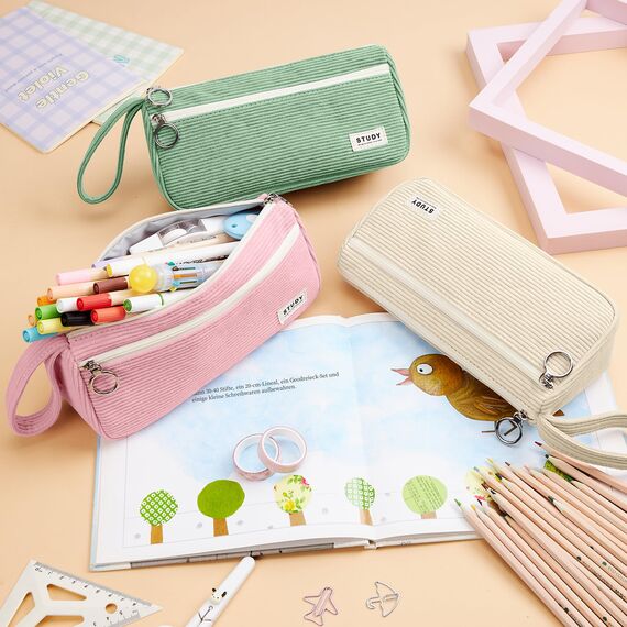 KALIDI Cord-Stoff Federmäppchen mit 3 Fächer Große Kapazität Mäppchen Federtasche Stiftetasche Pencil Case Bleistifttasche für Schule & Büro